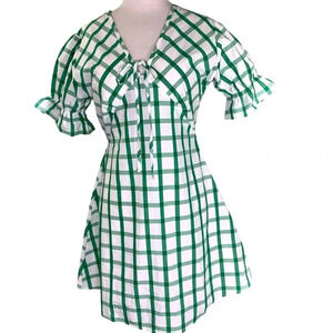 Wednesday's Girl Puff Sleeves Mini Babydoll Tea Dress Size S Green White Gingham